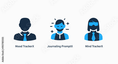 Icons for mood tracking, journaling prompts, and mind management. Flat design with dark blue and cyan accents for personal growth and mental health.