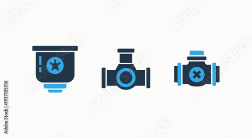 Set of three icons related to industry and technology: filter, pipe fitting, and cross connector. Industrial dark blue and bright blue graphic elements.