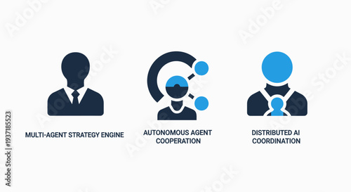 Icons for artificial intelligence and strategy: agent, cooperation, and coordination. Futuristic dark blue and blue design for technology and business concepts.