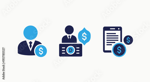 Finance and cryptocurrency icons: person with dollar, digital currency symbol, and mobile payment. Business and investment concepts in blue and dark blue.