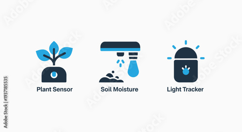 Icons for smart agriculture: plant sensor, soil moisture meter, and light tracker. Innovative technology for farming and gardening in dark blue and light blue.