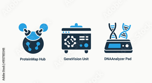 Biotechnology icons: protein map, gene vision unit, and DNA analyzer. Scientific research tools and concepts in dark blue and bright blue.