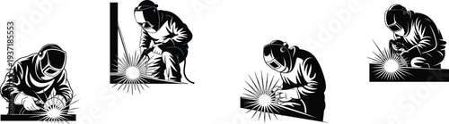 Industrial welder silhouettes with protective helmets and gloves, sparks flying during metal fabrication, workshop safety, black vector editable icon set