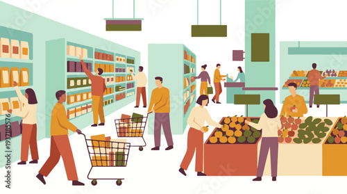 People shopping for groceries and fresh produce in a supermarket