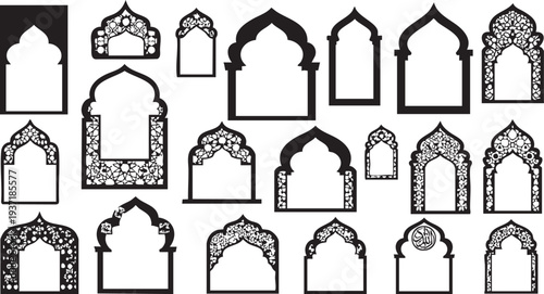 Vintage set of vector icons featuring ancient Greek Orthodox church architecture and old building silhouettes for travel and city design art
