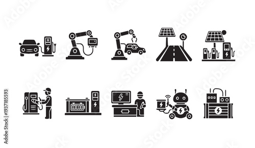 Industrial automation icons set with robotics and machinery
