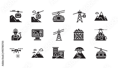 Collection of black and white mining and construction icons