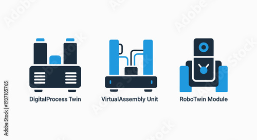 Collection of icons for digital twin technology, including process, assembly, and robotic modules for advanced manufacturing and industry.