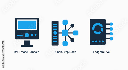 DeFi Phase console, chain step node, and ledger curve icons illustrating blockchain technology and decentralized finance.