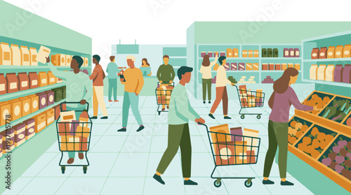 Busy Supermarket Interior with Shoppers Selecting Groceries and Fresh Produce