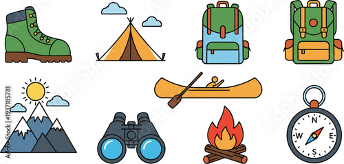 Modern flat hiking and camping vector icon set with tent backpack and campfire for travel app U