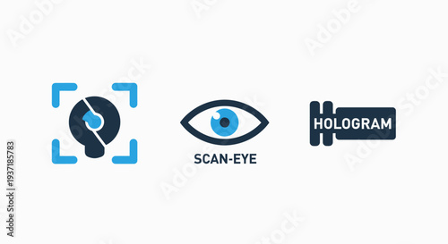 Icons for advanced technology: target scanner, eye symbol for scan-eye, and hologram display, representing surveillance, vision, and future tech.