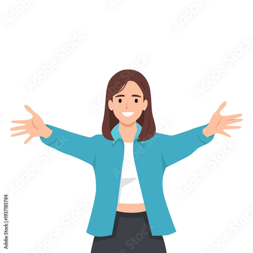Young woman smiles warmly with her arms outstretched in a welcoming gesture. Flat vector illustration isolated on white background
