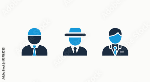 Icons of men in formal attire: a person with a cap and tie, a man in a fedora hat, and a businessman in a suit.