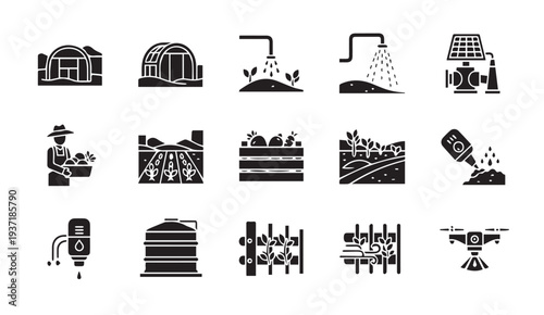Agriculture icons set with farming and irrigation symbols