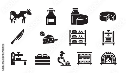 Cheese making process icons set