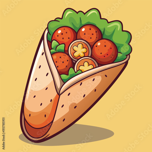 Cartoon style falafel wrap. perfect for editorial or advertising content centered around healthy or ethnic food choices.