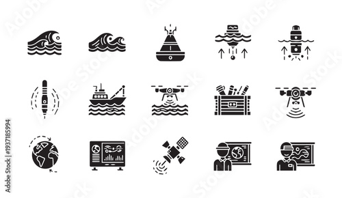 Ocean exploration icons set with marine technology and research