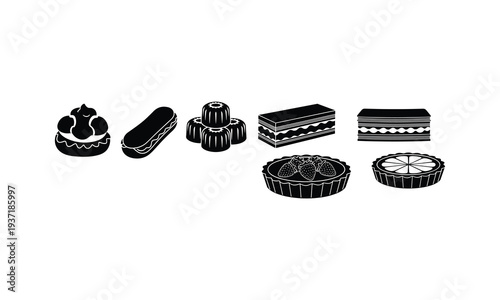 A collection of black and white dessert icons including cakes and pastries