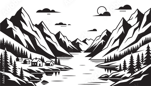 Black and white stylized illustration of a serene mountain landscape with a lake and cabins