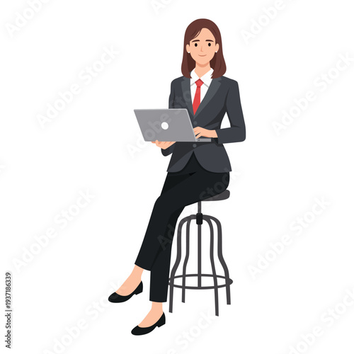 Professional Businesswoman Working on Laptop While Sitting on Stool. Flat vector illustration isolated on white background