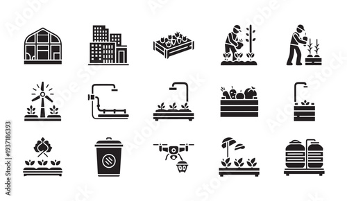 Set of modern industrial icons including farm and machinery