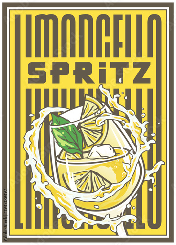 Limoncello spritz glass on retro, vintage poster with lemon, mint and splashes for design of surfing, tiki or beach bar menu. Lemon alcohol cocktail for drink party, summer vibes