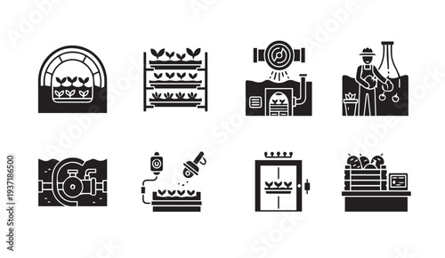 Hydroponic farming system icons set for modern agriculture