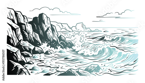 Ocean waves crashing against rugged rocky coastline with mountains in background, abstract monochrome illustration