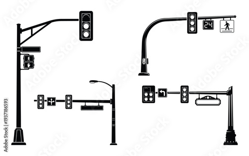 Collection of various traffic lights and pedestrian signals with street lamps, urban infrastructure elements