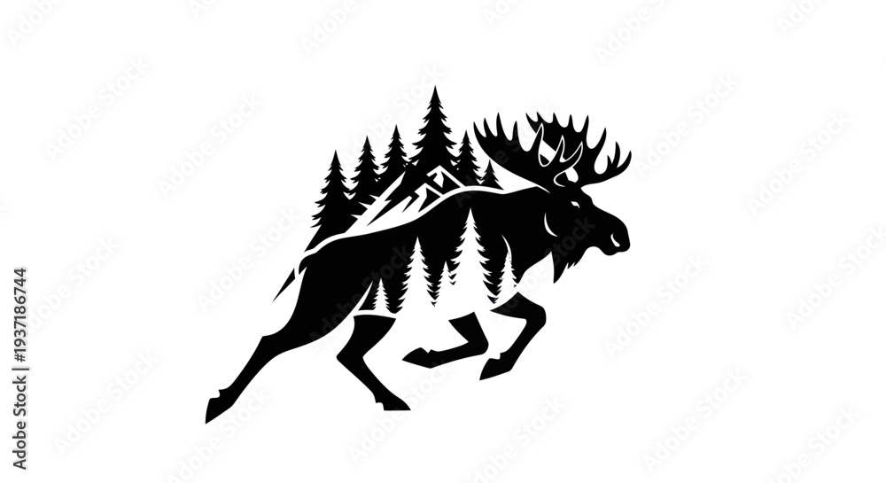Fototapeta premium Moose silhouette with trees and mountain