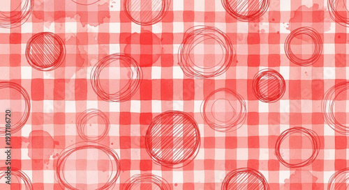 Red Gingham Check Seamless Pattern, Hand Painted Watercolor Plaid Background
