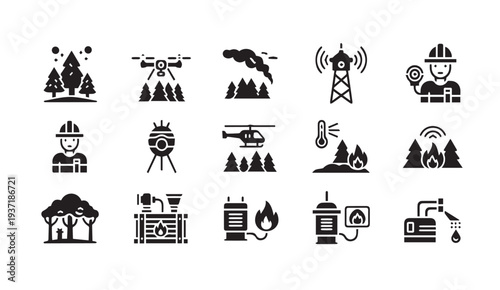 Set of black industrial icons representing various sectors