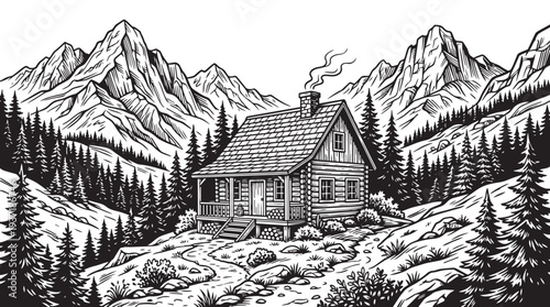 Rustic wooden cabin nestled in scenic mountain landscape with pine trees and winding path