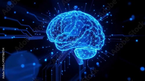 Glowing blue brain with neural connections on dark background