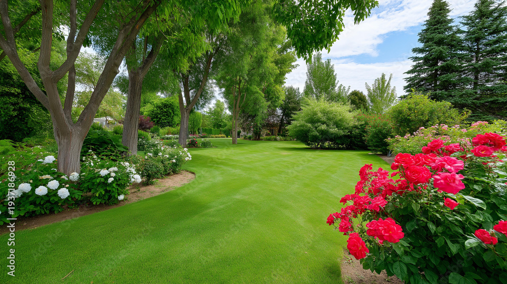Fototapeta premium On-site lawn care visualization, landscape maintenance service, garden care activity, outdoor property management, with copy space