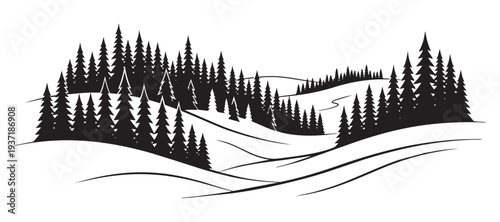 Pine tree forest on rolling hills with winding lines, vector illustration of a natural landscape