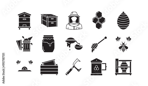 Beekeeping essentials and honey production icons in black and white
