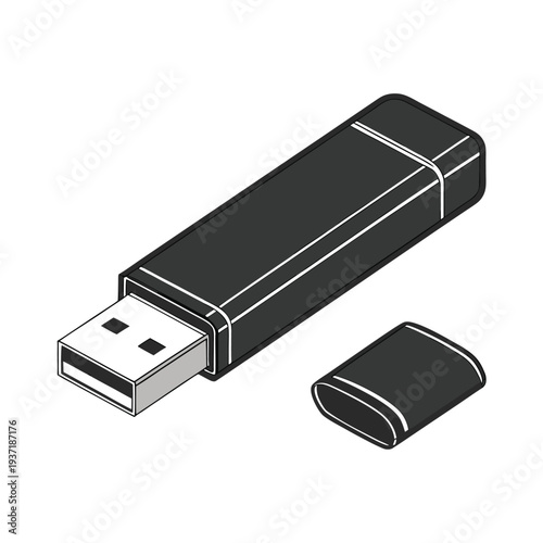 A portable black and white plastic USB flash drive memory stick isolated on a white background, serving as a digital storage device for computer data transfer and PC connection equipment