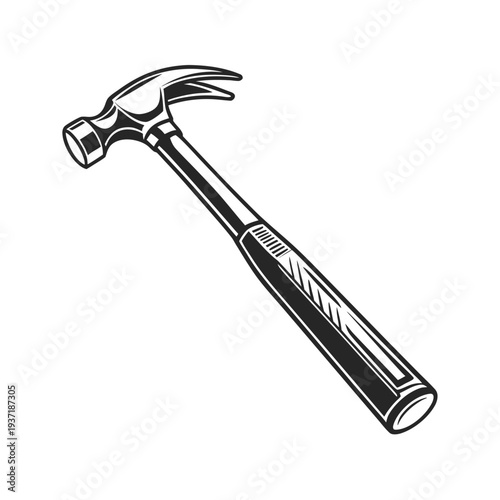A professional steel claw hammer and iron nail are isolated on a white background, representing a durable construction tool for carpentry, home improvement, and repair work