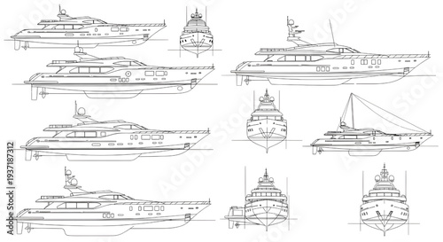Luxury Blueprint Vector Set – Marine Vessel Multi-View Technical Drawing Black Outline Isolated on White
