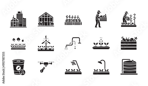 Set of black industrial icons featuring factories and manufacturing processes