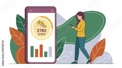 Woman tracking steps on smartphone app for healthy active lifestyle