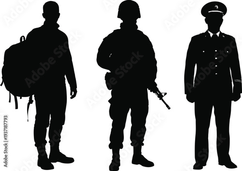 A collection of black silhouette figures representing various military service members including a soldier with a large pack, an armed combat soldier, and a uniformed officer standing guard.