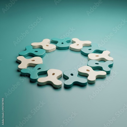 Circular Arrangement Of White And Teal Abstract Shapes On Teal