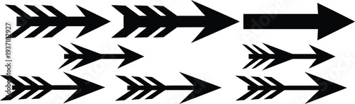 Collection of various black rightward pointing arrow icons featuring different styles including simple block arrows and feathered primitive hunting spear shapes providing directional guidance.