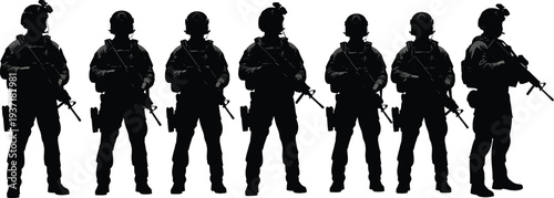 Silhouette row of heavily armed tactical special forces soldiers standing ready for immediate action wearing full gear and holding assault rifles against a white background.