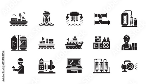 Oil and gas industry icons set for commercial use