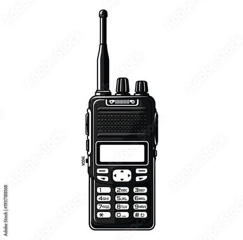 Detailed black and white illustration of a handheld two way radio transceiver featuring an antenna a small screen and a numeric keypad for instant communication needs