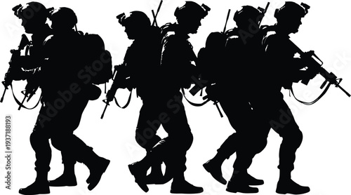 Silhouetted infantry soldiers marching forward with tactical gear and rifles ready for deployment creating a powerful image of military action and readiness